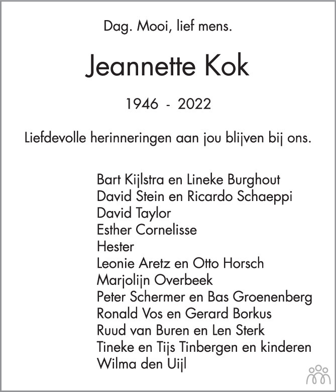 Overlijdensbericht van Jeannette Kok in Het Parool