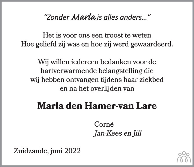 Overlijdensbericht van Maatje Cornelia Paulina (Marla) den Hamer-van Lare in PZC Provinciale Zeeuwse Courant