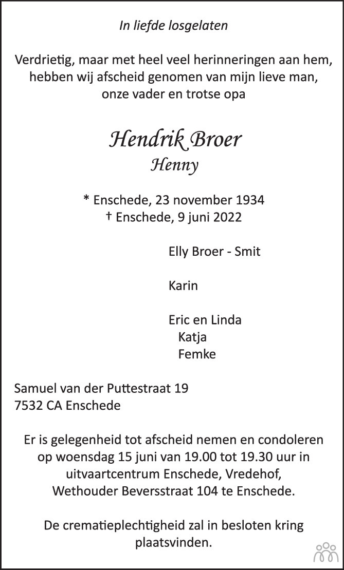 Hendrik Henny Broer Overlijdensbericht En Condoleances Mensenlinq Nl