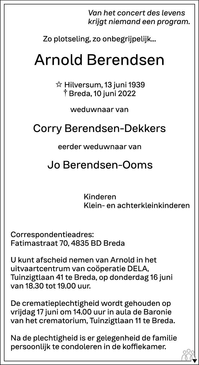 Overlijdensbericht van Arnold Berendsen in BN DeStem