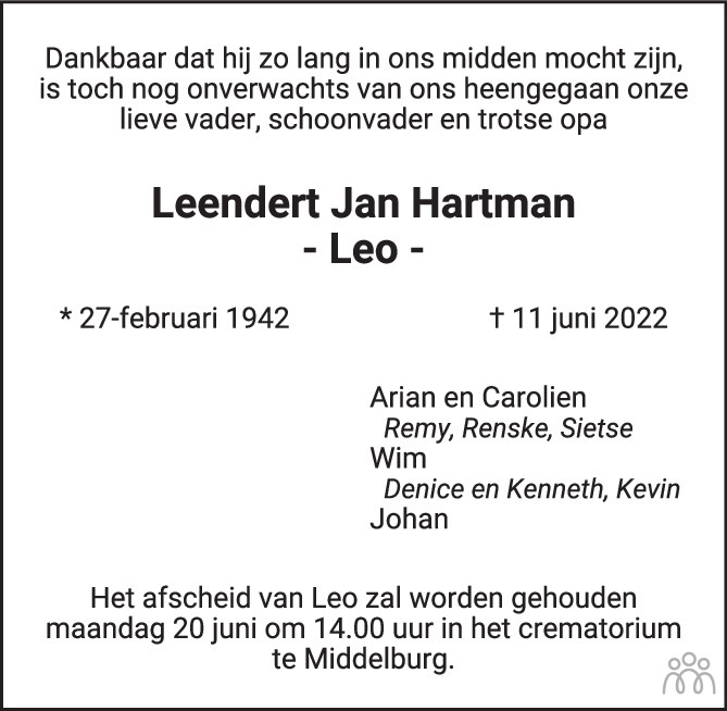 Overlijdensbericht van Leendert Jan (Leo) Hartman in PZC Provinciale Zeeuwse Courant