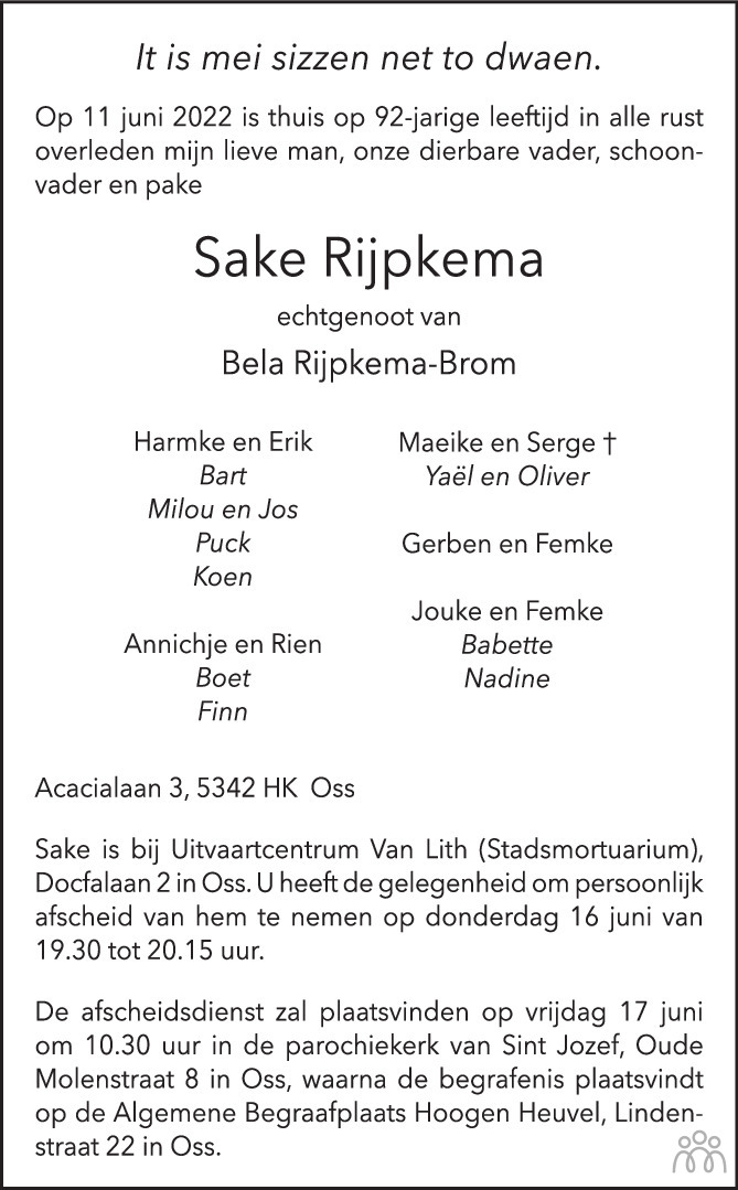 Overlijdensbericht van Sake Rijpkema in Brabants Dagblad