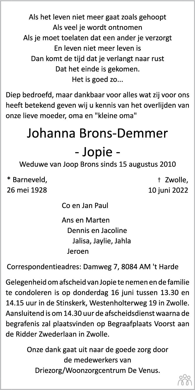 Overlijdensbericht van Johanna (Jopie) Brons-Demmer in de Stentor