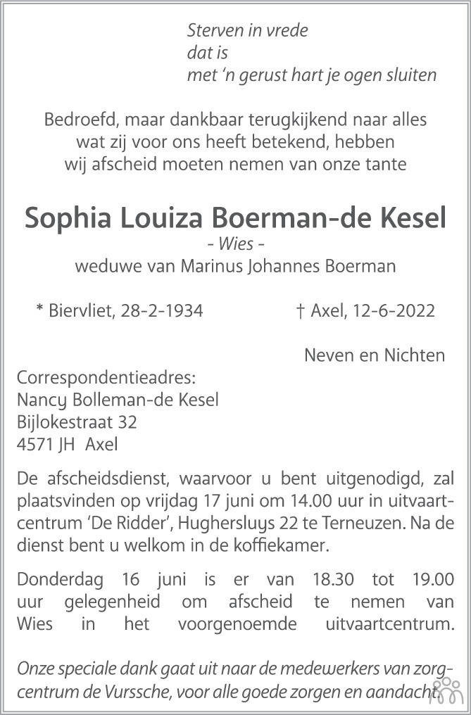 Overlijdensbericht van Sophia Louiza (Wies) Boerman-de Kesel in PZC Provinciale Zeeuwse Courant