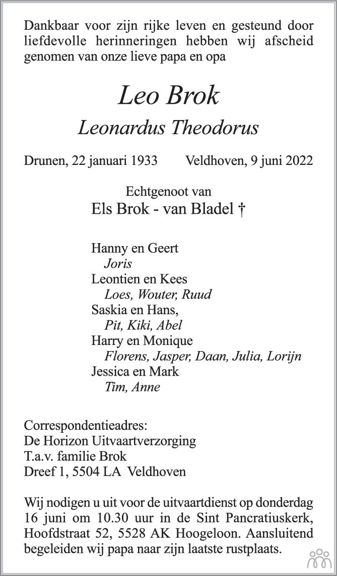 Overlijdensbericht van Leo (Leonardus Theodorus) Brok in Eindhovens Dagblad
