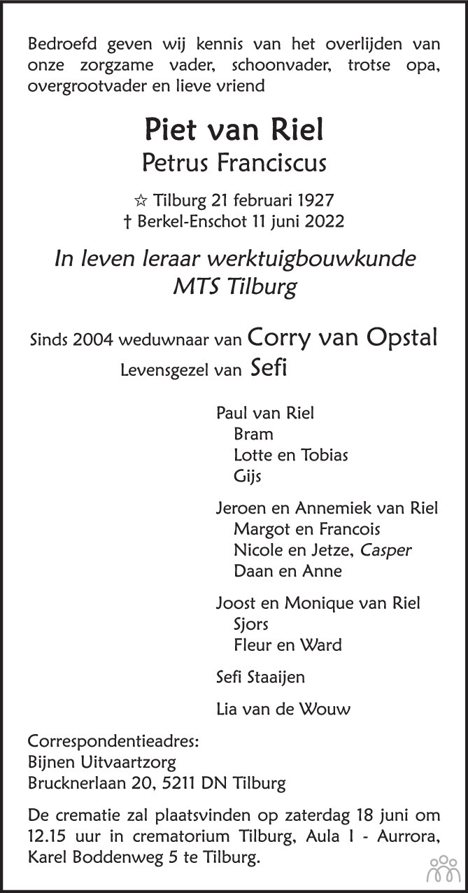 Overlijdensbericht van Piet (Petrus Franciscus) van Riel in Brabants Dagblad