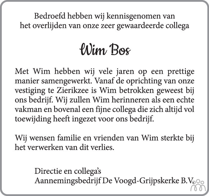 Overlijdensbericht van Willem Jacob (Wim) Bos in PZC Provinciale Zeeuwse Courant