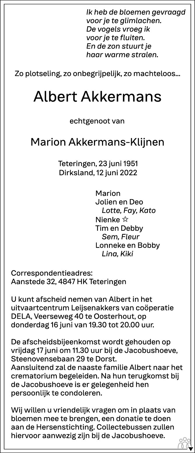 Overlijdensbericht van Albert Akkermans in BN DeStem