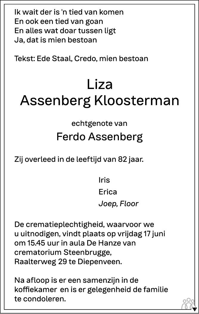 Overlijdensbericht van Liza Assenberg-Kloosterman in de Stentor