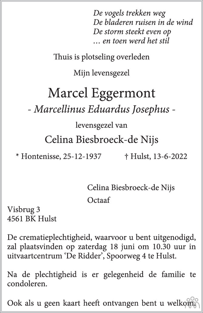Overlijdensbericht van Marcel (Marcellinus Eduardus Josephus) Eggermont in PZC Provinciale Zeeuwse Courant