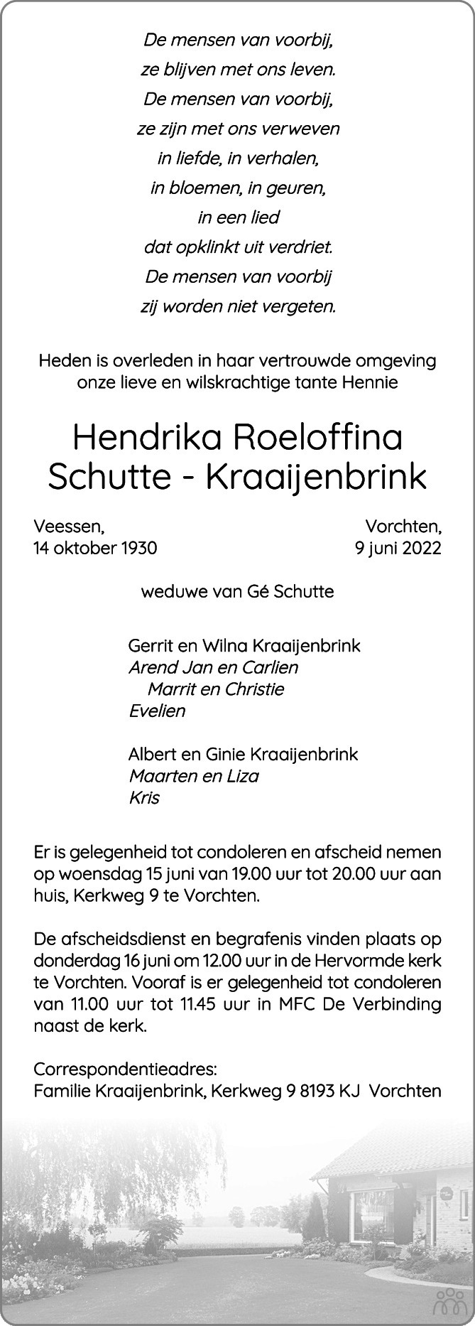 Overlijdensbericht van Hendrika Roeloffina Schutte-Kraaijenbrink in de Stentor
