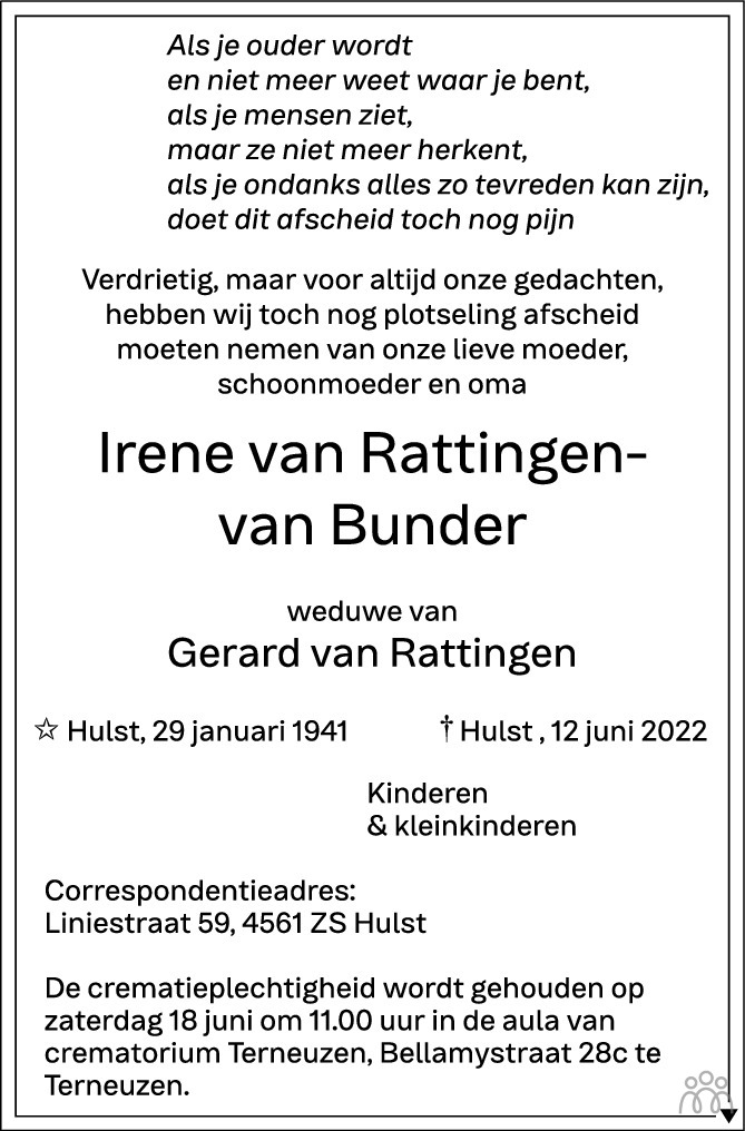 Overlijdensbericht van Irene van Rattingen-van Bunder in PZC Provinciale Zeeuwse Courant
