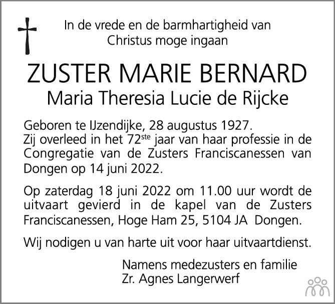 Overlijdensbericht van Zr. Maria Theresia Lucie de Rijcke in BN DeStem