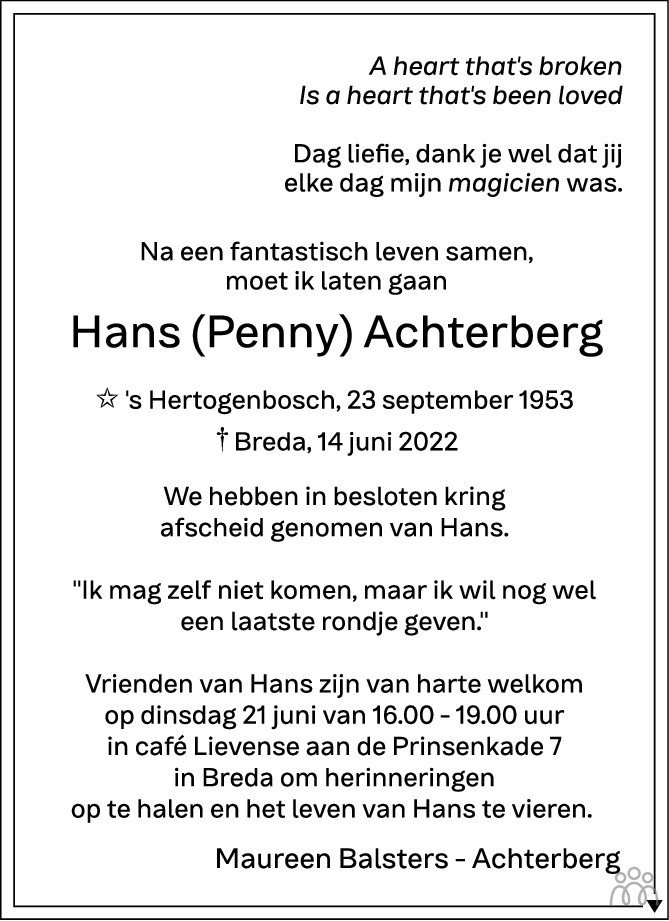 Overlijdensbericht van Hans (Penny) Achterberg in BN DeStem