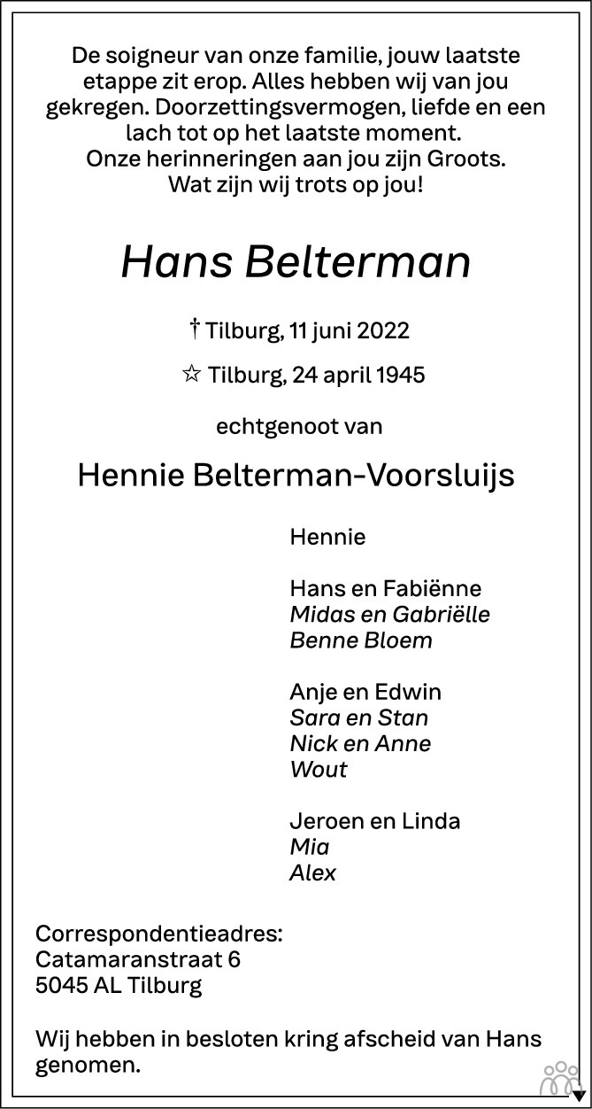 Overlijdensbericht van Hans Belterman in Brabants Dagblad