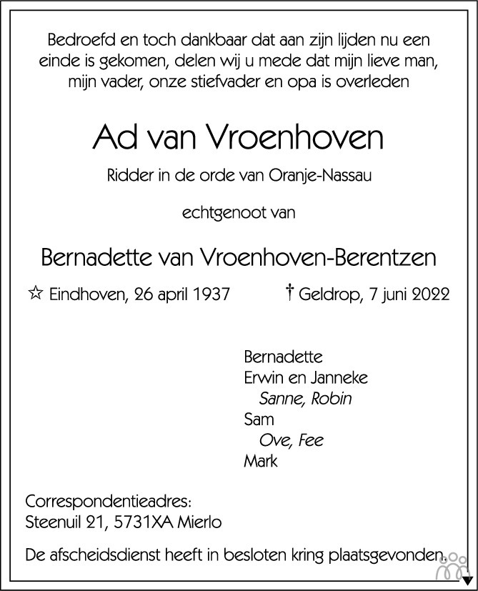 Overlijdensbericht van Ad van Vroenhoven in Eindhovens Dagblad