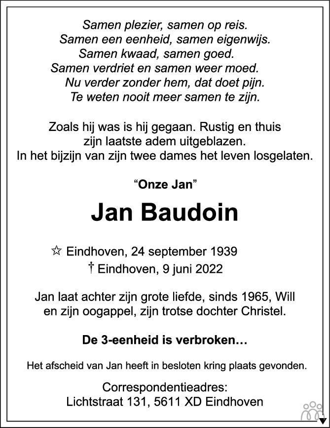 Overlijdensbericht van Jan Baudoin in Eindhovens Dagblad