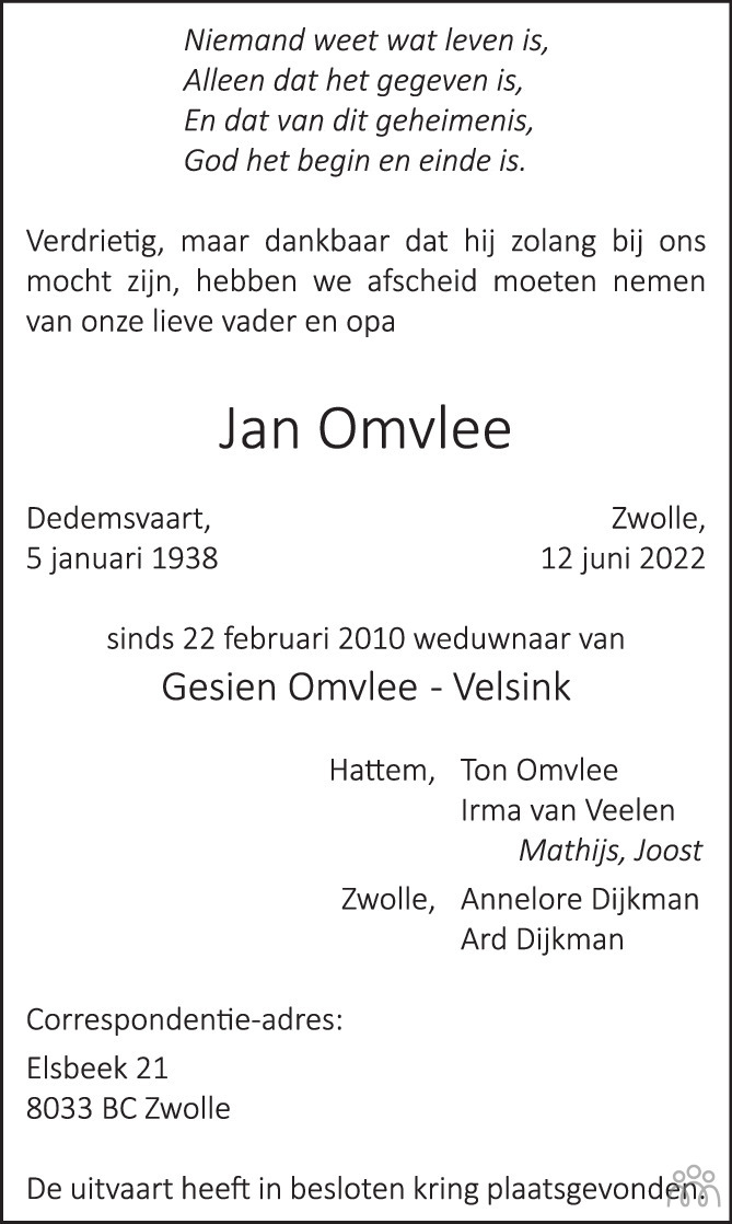 Overlijdensbericht van Jan Omvlee in de Stentor