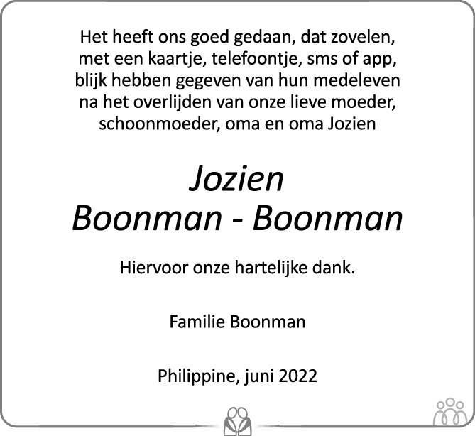 Overlijdensbericht van Jozien Boonman-Boonman in PZC Provinciale Zeeuwse Courant