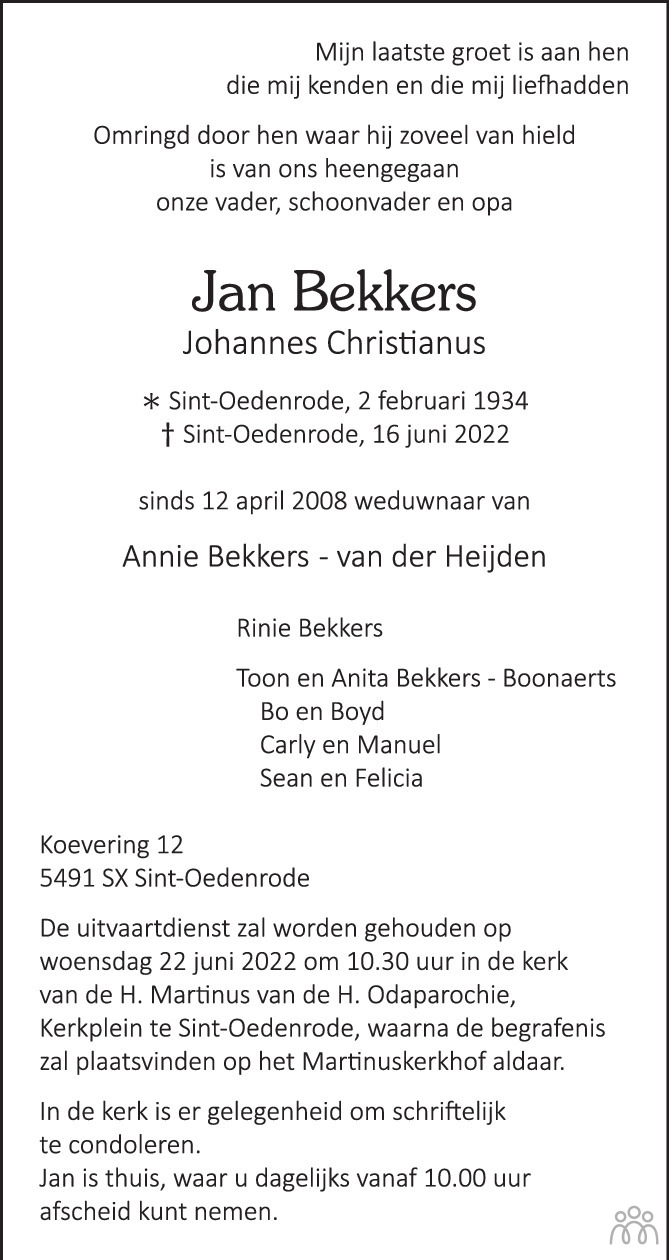 Overlijdensbericht van Jan (Johannes Christianus) Bekkers in Brabants Dagblad