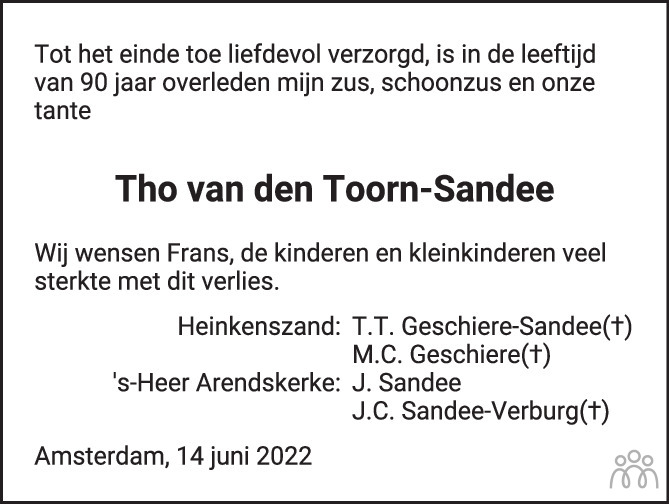 Overlijdensbericht van Tho van den Toorn-Sandee in PZC Provinciale Zeeuwse Courant