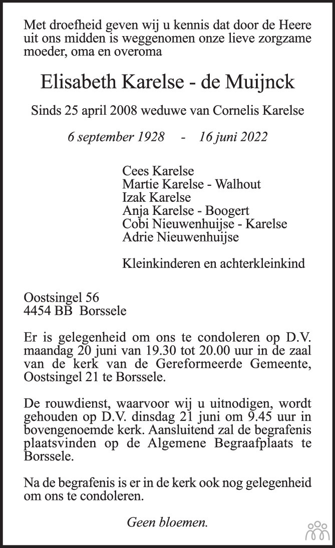 Overlijdensbericht van Elisabeth Karelse-de Muijnck in PZC Provinciale Zeeuwse Courant