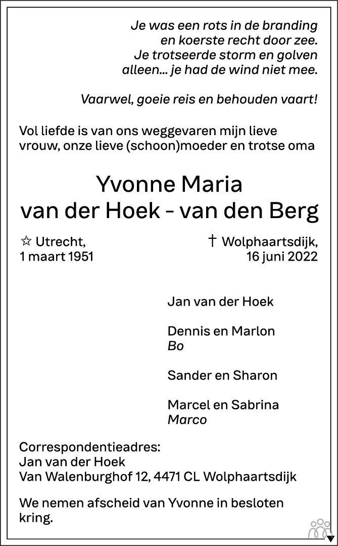 Overlijdensbericht van Yvonne Maria van der Hoek-van den Berg in PZC Provinciale Zeeuwse Courant
