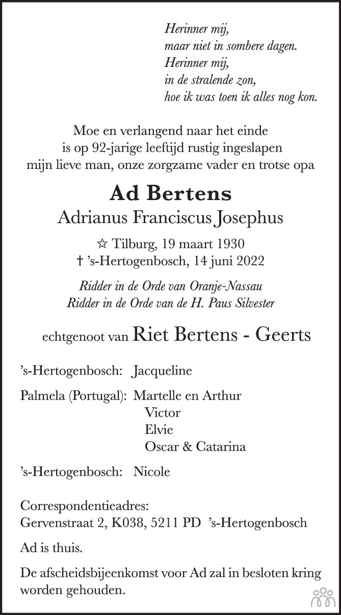 Overlijdensbericht van Ad (Adrianus Franciscus Josephus) Bertens in Brabants Dagblad