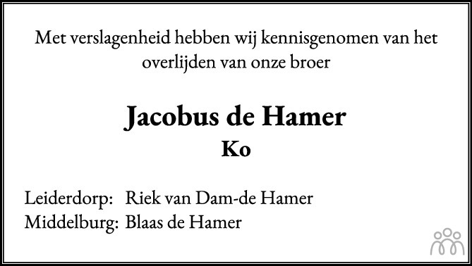Overlijdensbericht van Ko (Jacobus) de Hamer in PZC Provinciale Zeeuwse Courant