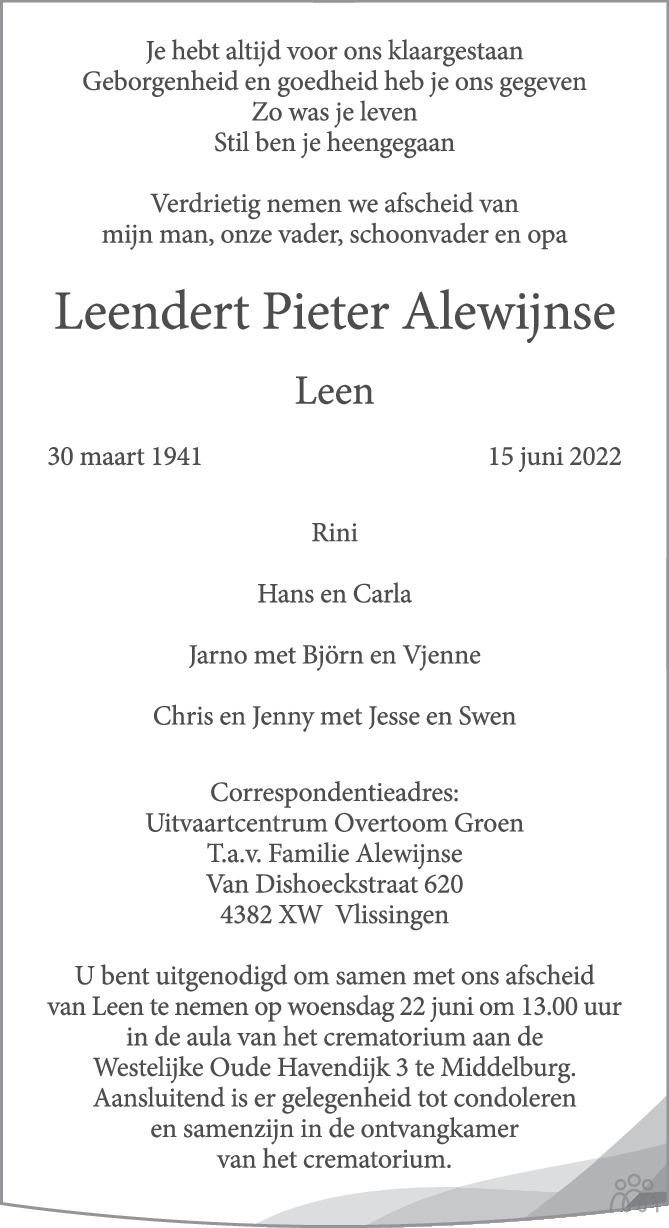 Overlijdensbericht van Leendert Pieter (Leen) Alewijnse in PZC Provinciale Zeeuwse Courant