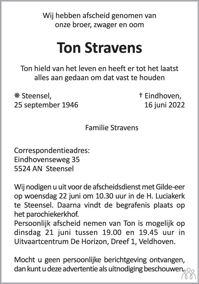 Overlijdensbericht van Ton Stravers in Eindhovens Dagblad