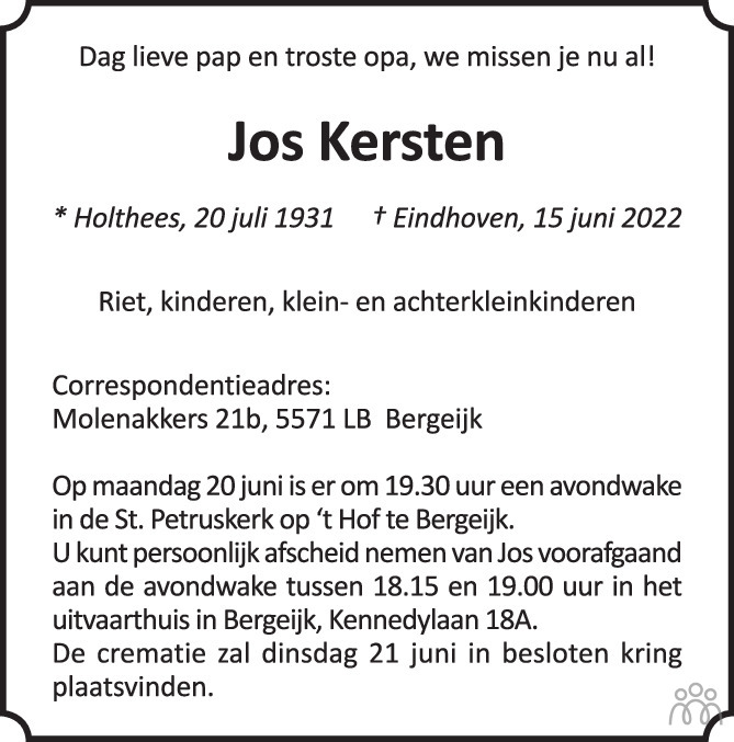 Overlijdensbericht van Jos Kersten in Eindhovens Dagblad