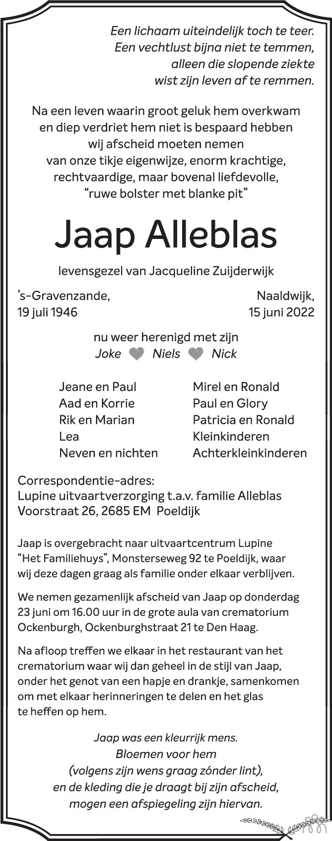 Overlijdensbericht van Jaap Alleblas in AD Algemeen Dagblad