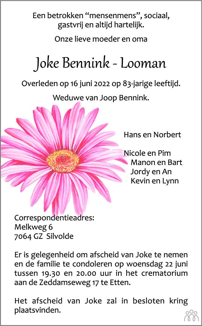 Overlijdensbericht van Joke Bennink-Looman in de Gelderlander