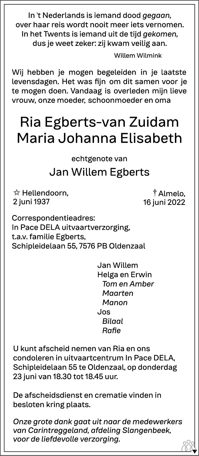 Overlijdensbericht van Ria (Maria Johanna Elisabeth) Egberts-van Zuidam in Tubantia