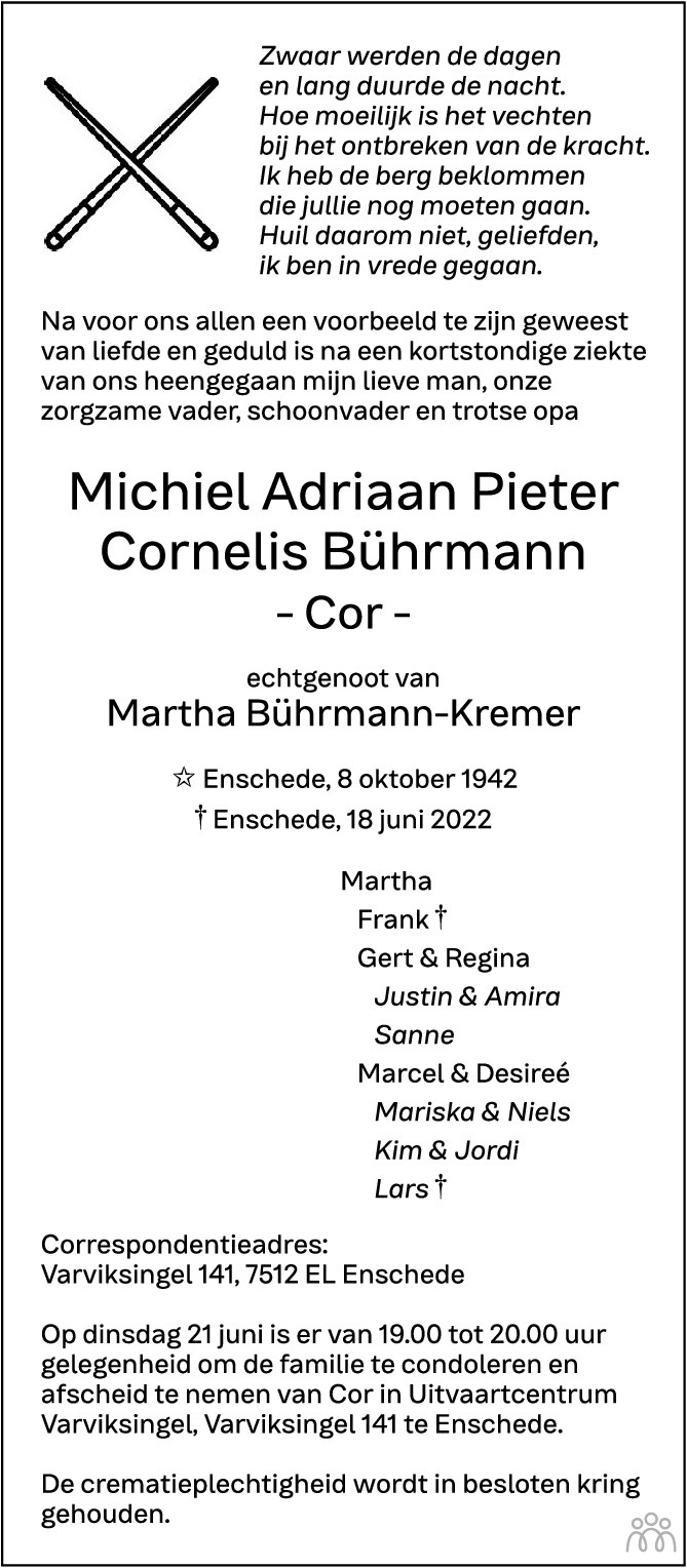 Overlijdensbericht van Michiel Adriaan Peter Cornelis (Cor) Bührmann in Tubantia