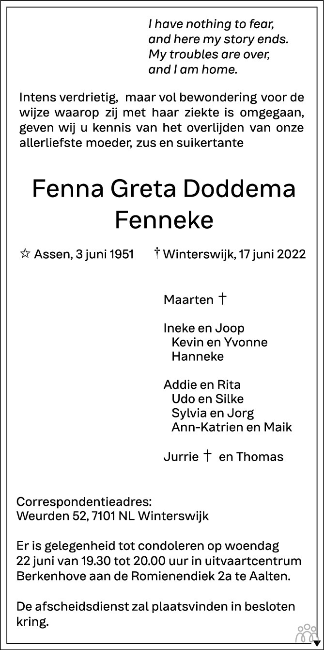 Overlijdensbericht van Fenna Greta (Fenneke) Doddema in de Gelderlander