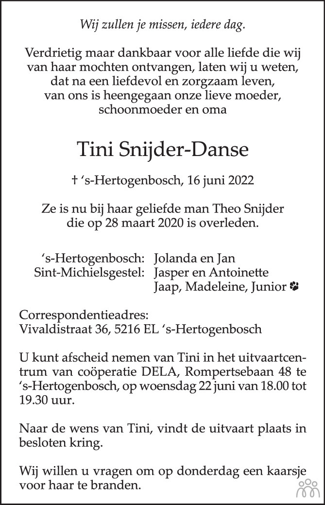 Overlijdensbericht van Tini Snijder-Danse in Brabants Dagblad