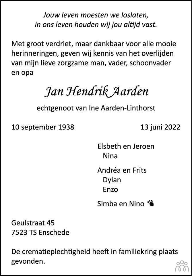 Overlijdensbericht van Jan Hendrik Aarden in Tubantia