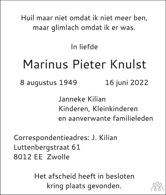 Overlijdensbericht van Marinus Pieter Knulst in Het Parool