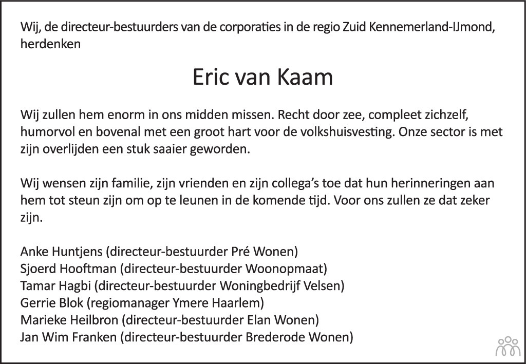 Overlijdensbericht van Eric van Kaam in Het Parool
