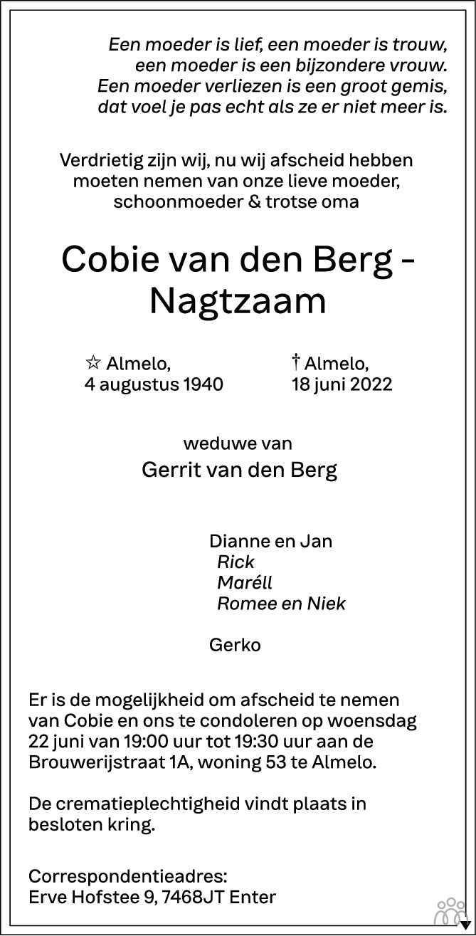 Overlijdensbericht van Cobie van den Berg-Nagtzaam in Tubantia