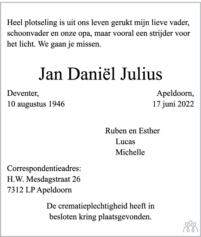 Overlijdensbericht van Jan Daniël Julius in de Stentor