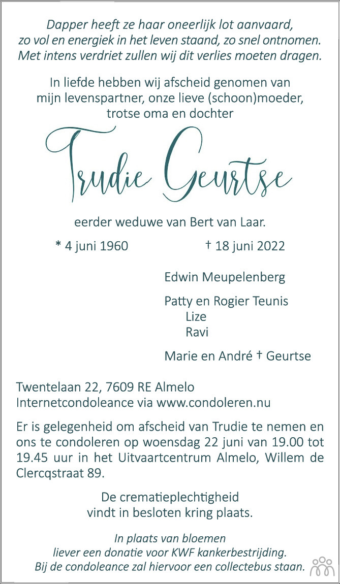 Overlijdensbericht van Trudie Geurtse in Tubantia