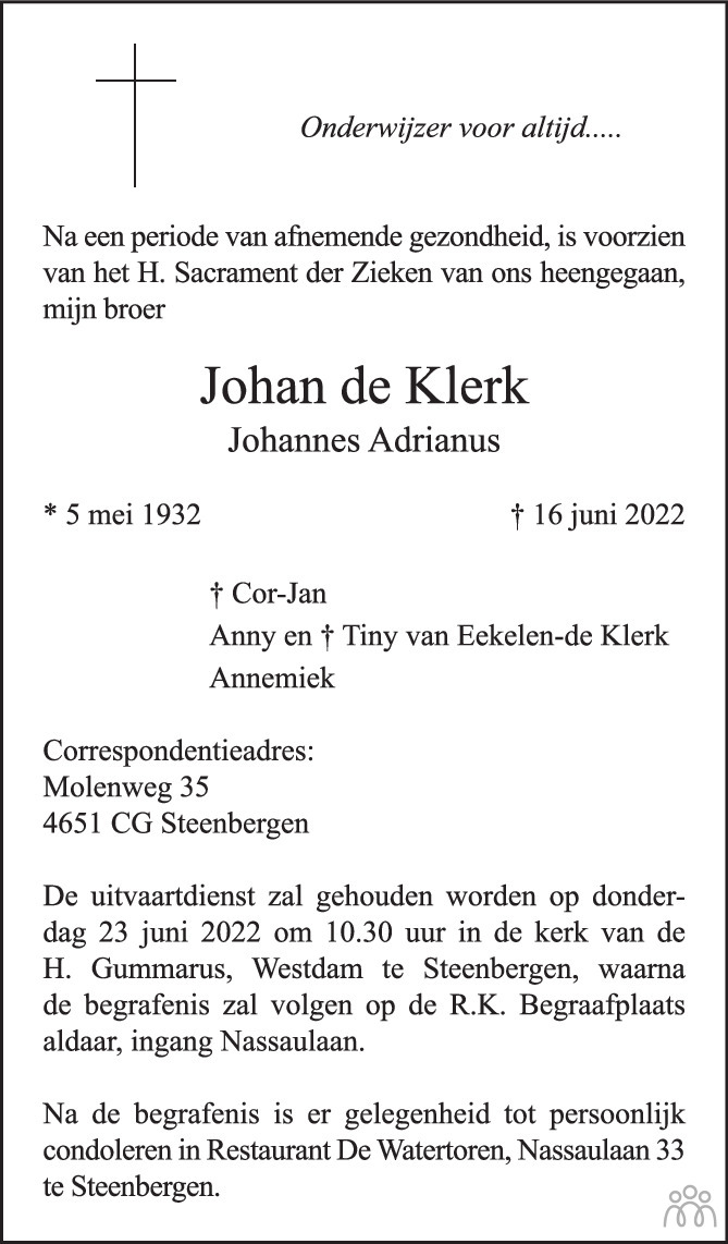 Overlijdensbericht van Johan (Johannes Adrianus) de Klerk in BN DeStem