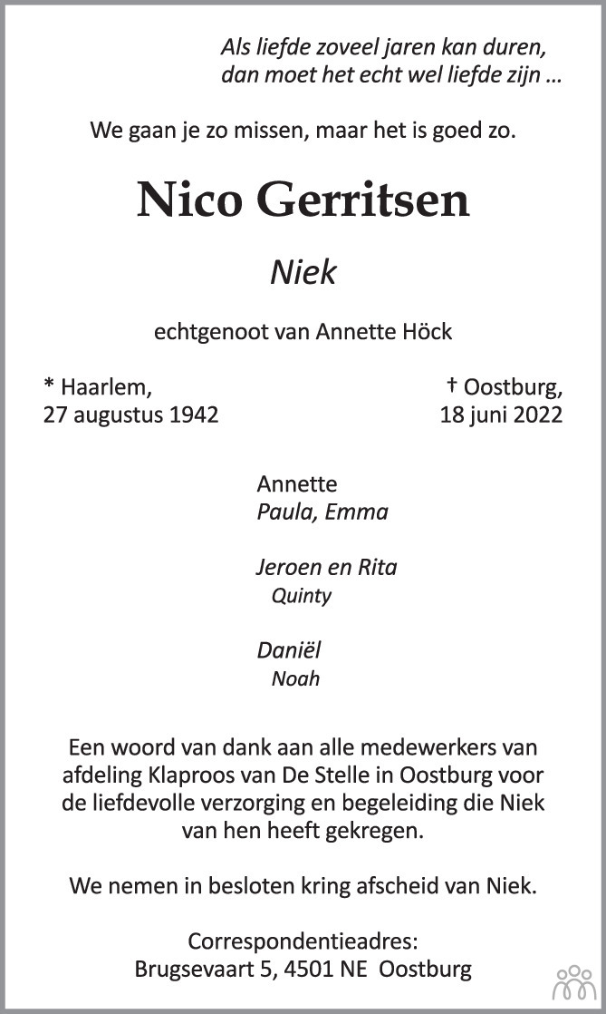 Overlijdensbericht van Nico (Niek) Gerritsen in PZC Provinciale Zeeuwse Courant
