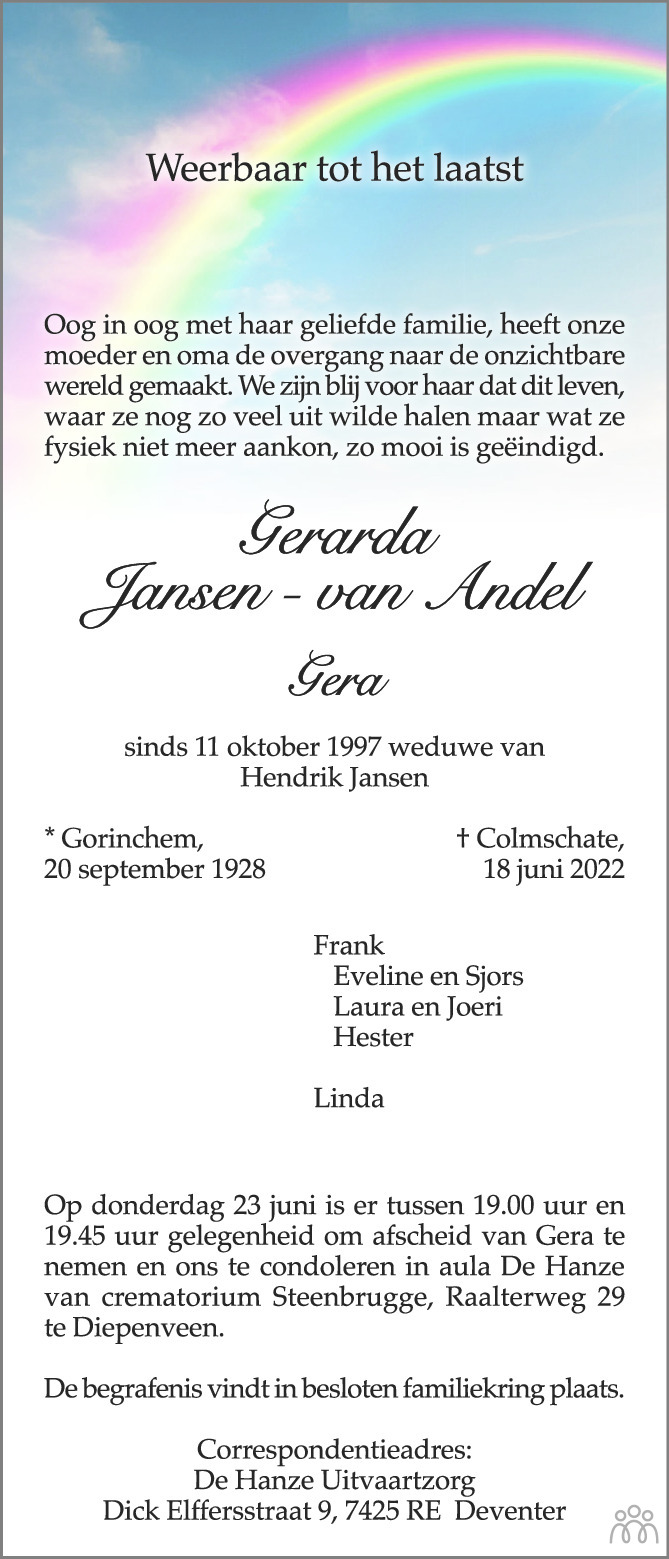 Overlijdensbericht van Gerarda (Gera) Jansen-van Andel in de Stentor