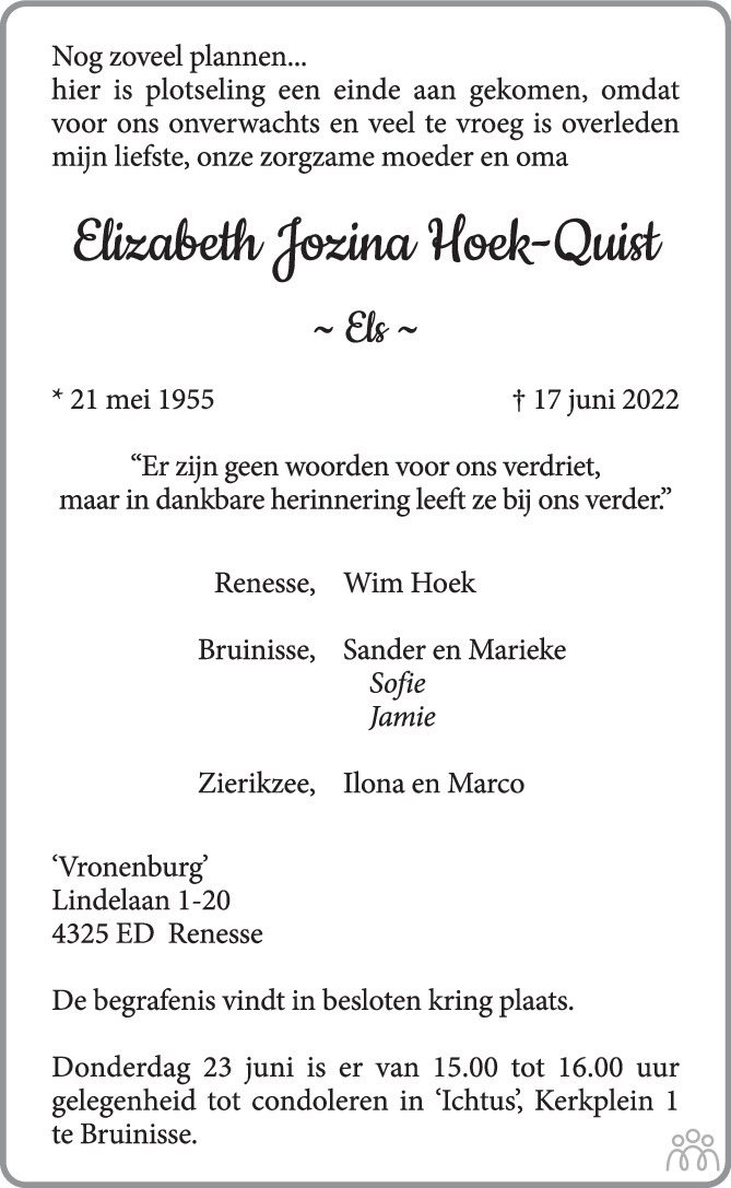 Overlijdensbericht van Elizabeth Jozina (Els) Hoek-Quist in PZC Provinciale Zeeuwse Courant