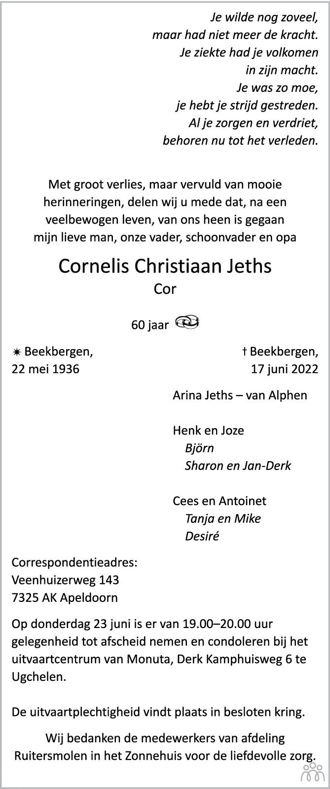 Overlijdensbericht van Cornelis Christiaan (Cor) Jeths in de Stentor