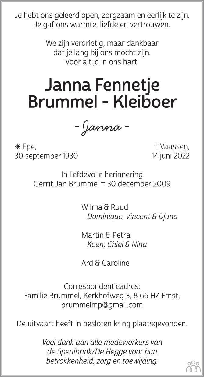 Overlijdensbericht van Janna Fennetje Brummel-Kleiboer in de Stentor
